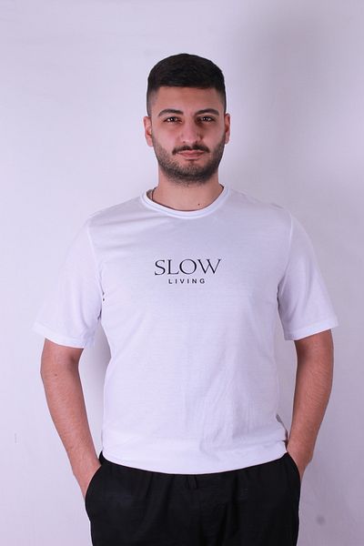 trender Tricou alb pentru bărbați cu imprimeu Slow Living