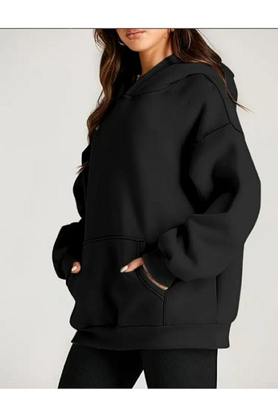 Elvino Plus Size Black Plain Oversize Unisex Hooded Sweatshirt
