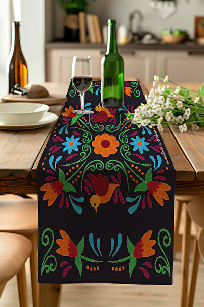 ALAMODECOR İskandinav Punch Kuş Ve Çiçek Işlemeli Masa Örtüsü Runner Etnik Bo...