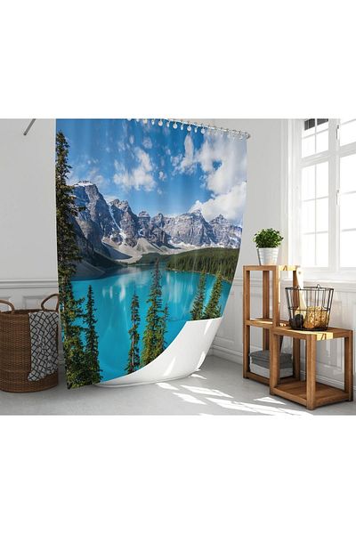 Zethome Perdeau de baie Rocky Mountains - 1x180x200 cu o singură aripă, perdea pentru cabină de duș cu inel cadou