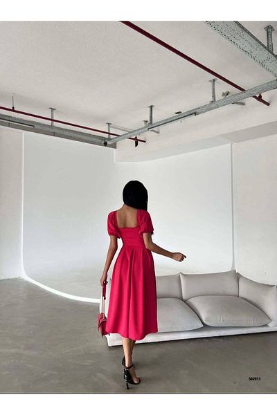 WoolnClyde Women's Fuchsia Square Neck A-Line Fit Short Balloon Sleeves Pleated Midi Evening Dress