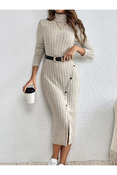 JANES New Season Women's Long Sleeve Turtleneck Slit Buttoned Raised Camisole Dress (Without Belt)