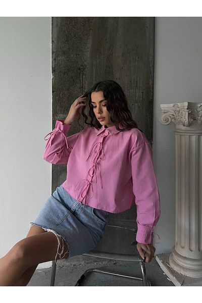 Lusin Cămașă de damă, roz, elegantă, cu țesătură crop, cu dantelă