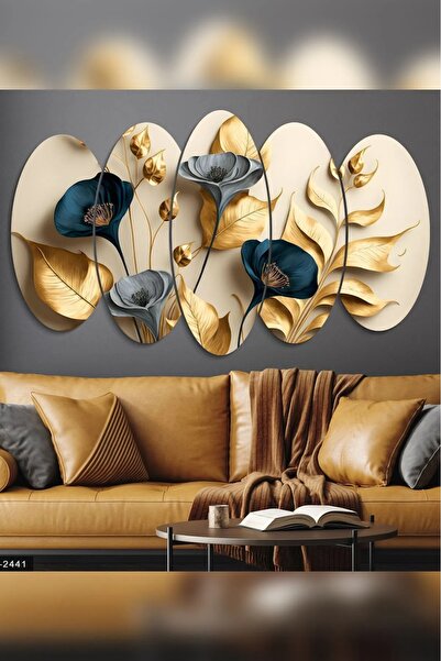 AR AJANS KANVAS TABLO Zarif Altın Ve Mavi Çiçekler Ile Dallar 5 Parçalı MDF P...