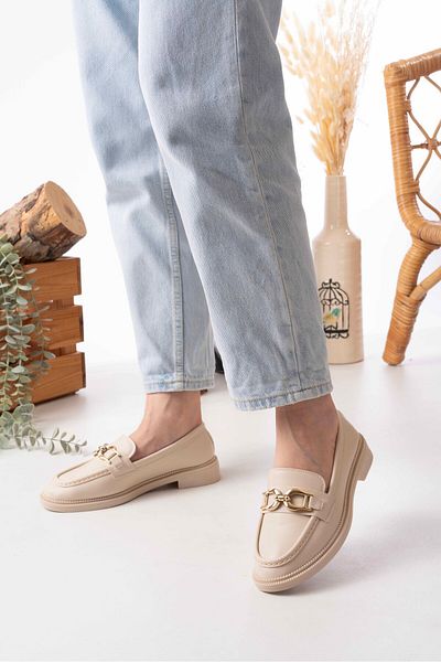 MIENCA Women's Loafer Gold Color Buckle Beige Lightweight Stylish Casual Shoes