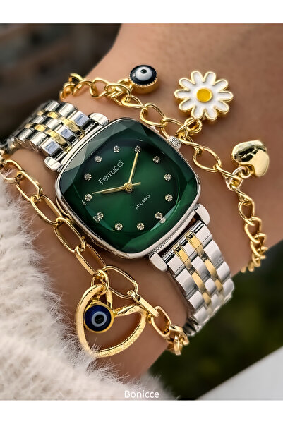 Ferrucci 25*25mm Yellow Color Steel Band with Green Dial Cutout Glass Rhinestone Women's Wristwatch and Heart Bracelets