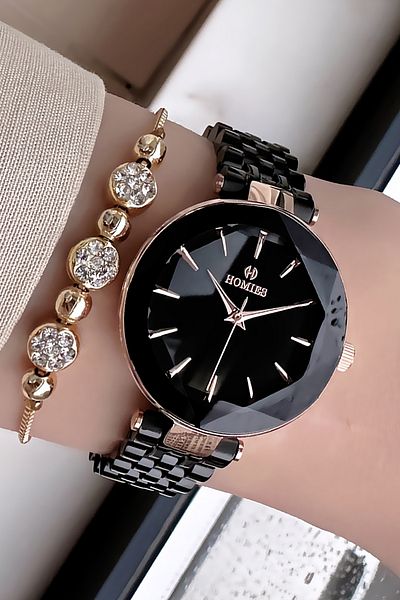 Homies Women's Wristwatch - 3 Atm Waterproof, Cutout Glass, Black Color, Steel Band and Bracelet Hmb3005C3