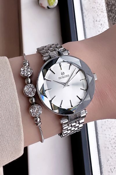 Homies Waterproof Silver Color Women's Wristwatch - Cutout Glass, Steel Band and Bracelet Hmb3013C4