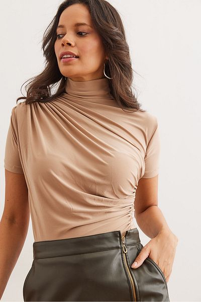 Olalook Women's Camel Drape Detail Short Sleeve Flowy Blouse Blz- 19002672