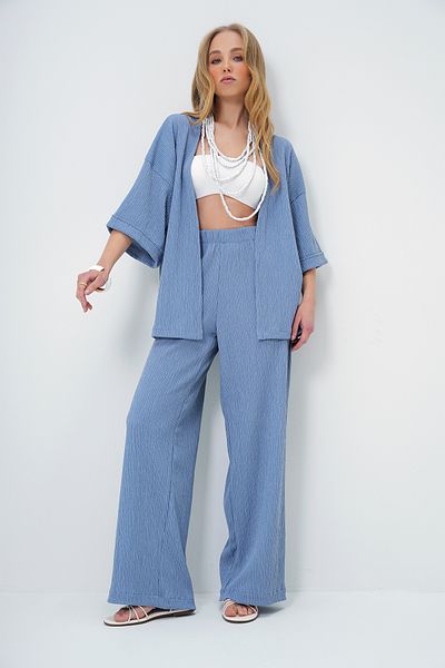 Trend Alaçatı Stili Blauer Sommer-Kimono- und Hosenanzug mit doppelten Ärmeln für Damen ALC-X13466