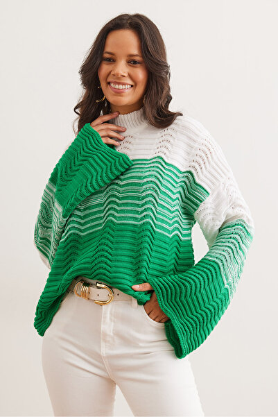 Olalook Women's Green Wave Patterned Color Transitional Knitwear Sweater Kzk- 19000950