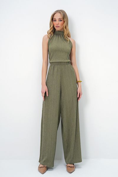 Trend Alaçatı Stili Women's Khaki Textured Stand Collar Blouse and Pants Suit Alc-X13478