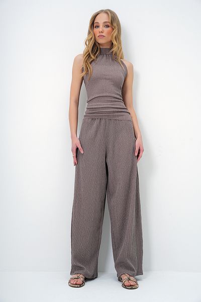 Trend Alaçatı Stili Women's Mink Textured Stand Collar Blouse and Pants Suit Alc-X13478