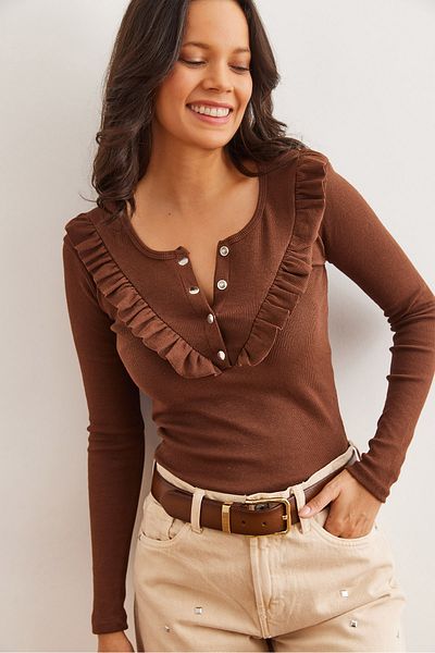 Olalook Keserűbarna fodros női camisole blúz - BLZ- 19001667