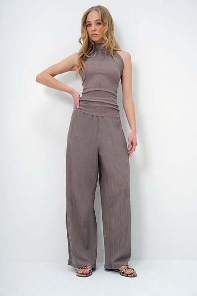 Trend Alaçatı Stili Women's Mink Textured Stand Collar Blouse and Pants Suit Alc-X13478