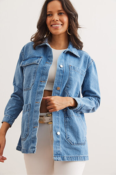 Olalook Dámská modrá džínová bunda se 4 kapsami na knoflíky CKT- 19000424