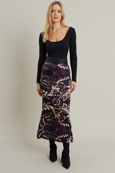 Cool & Modest Fusta de damă din satin cu model prune MCAR1060