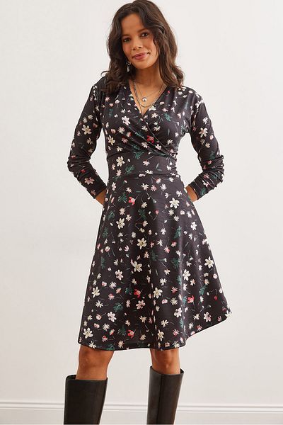 Olalook Schwarz-weißes, zweireihiges Strickkleid mit Blumenmuster für Damen ELB- 19000962