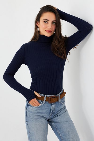 Cool & Modest Women's Navy Blue Turtleneck Knitwear Blouse Myv102-90