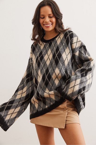 Olalook Pulover de damă negru cu model Argyle Rose Gold oversize KZK- 19000955