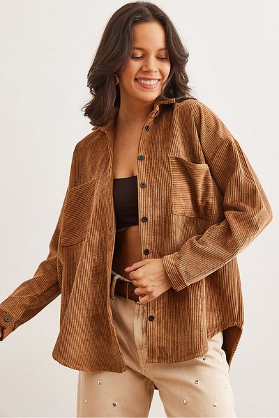Olalook Women's Milk Coffee Double Pocket Thick Corduroy Shirt Gml- 19001263