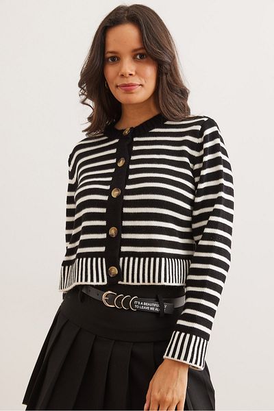 Olalook Women's Black Striped Soft Textured Knitwear Cardigan Hrk- 19000335