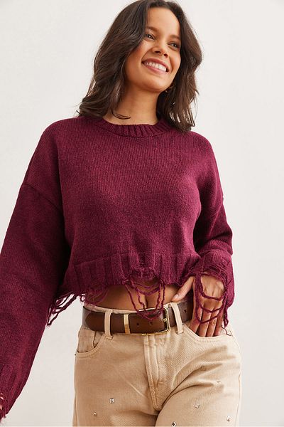 Olalook Pulover pentru femei, burgundă, rupt cu laser, cu textura moale, KZK- 19000885