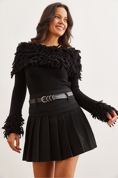Olalook Fusta plisată cu centură neagră pentru femei cu pantaloni scurți ETK- 19000294