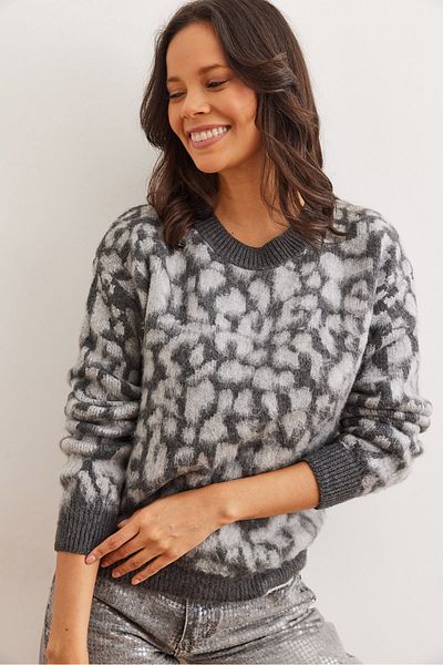 Olalook Pulover de damă, gri, cu model leopard, tricotaj, KZK- 19000952