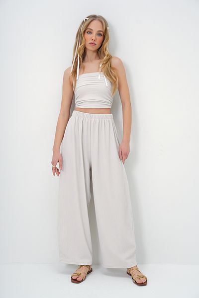 Trend Alaçatı Stili Women's Stone Textured Side Draped Strapless Crop Blouse and Pants Suit Alc-X13410
