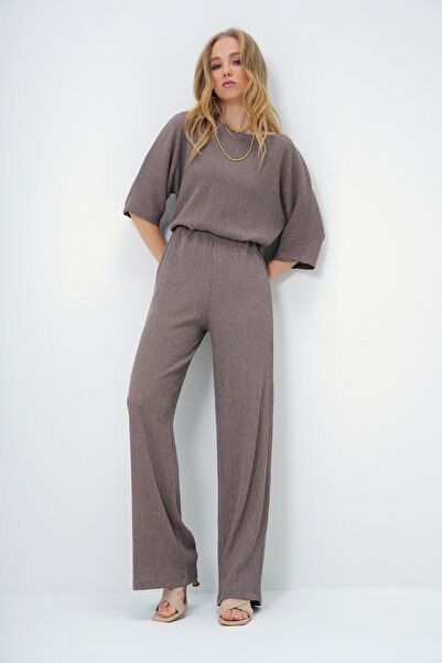 Trend Alaçatı Stili Mink Boat Neck bő blúz és Palazzo nadrág - denevér ujjú, ráncos ALC-X13470