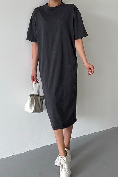 MODAGEN Γυναικείο φόρεμα Anthracite Crew με κοντό μανίκι μίντι μήκους