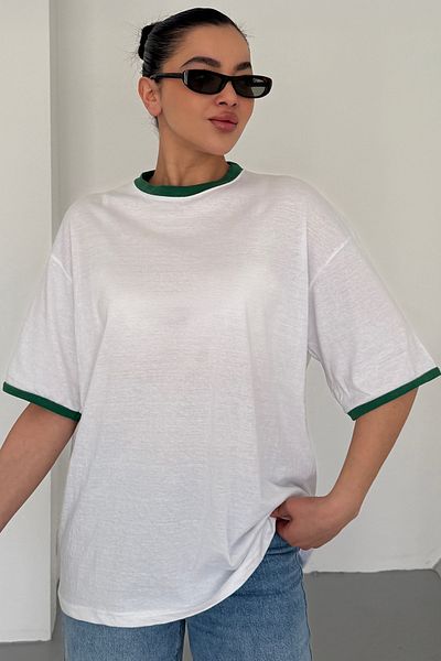MODAGEN Μπλουζάκι Unisex Λευκό Πλήρωμα με Πράσινο Γιακά και Λεπτομέρεια Μανίκι Απλό Oversize T-Shirt