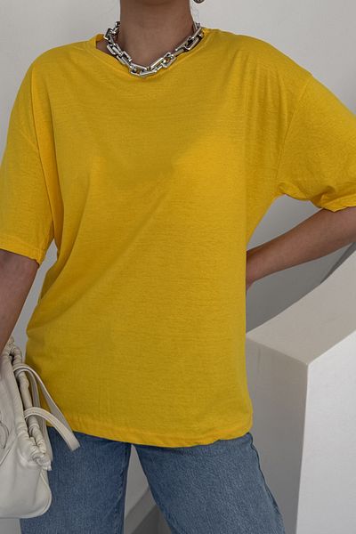 MODAGEN Unisex Yellow Crew Neck Plain T-Shirt
