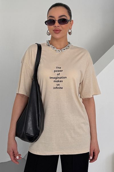 MODAGEN Unisex Beige Crew Neck The Power Written Printed Oversize T-Shirt