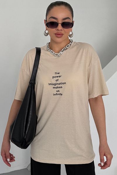 MODAGEN Unisex Beige Crew Neck The Power Written Printed Oversize T-Shirt