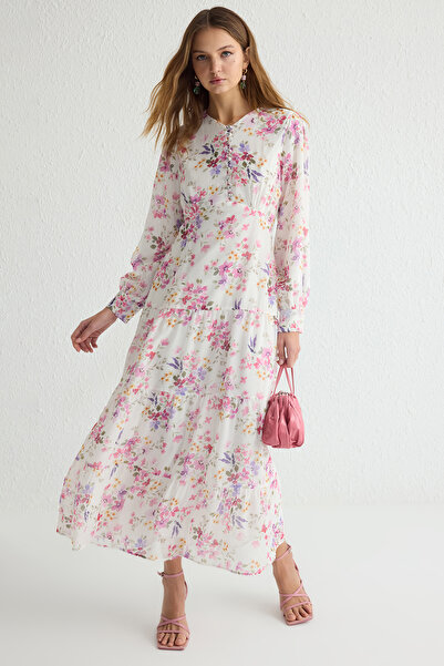 Trendyol Modest Ecru květinový potisk tkané šifonové šaty Tctss25Eb00036