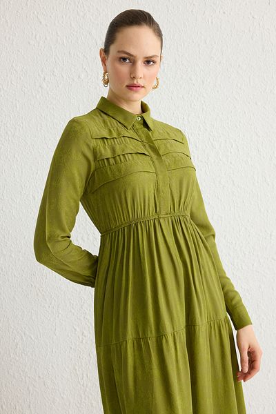 Trendyol Modest Χακί φλοράλ υφαντό ζακάρ χιτζάμπ φόρεμα χωρίς επένδυση TCTSS25EB00053