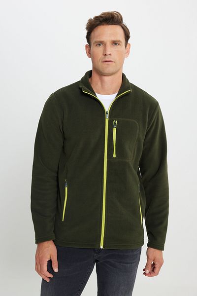 AC&Co / Altınyıldız Classics Khakifarbene Standard-Passform für Herren, regulärer Schnitt, Stehkragen, Tasche, Reißverschluss, kältebeständige Sweatshirt-Fleecejacke