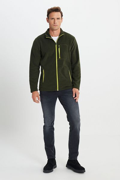 AC&Co / Altınyıldız Classics Khakifarbene Standard-Passform für Herren, regulärer Schnitt, Stehkragen, Tasche, Reißverschluss, kältebeständige Sweatshirt-Fleecejacke