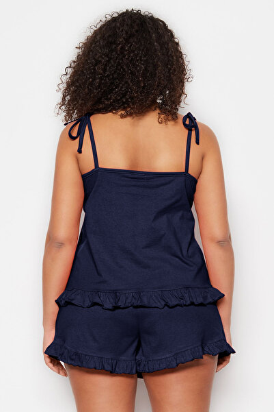 Trendyol Curve Sötétkék pántos kötött fodros részletes rövidnadrág pizsama szett TBBSS22PT0564