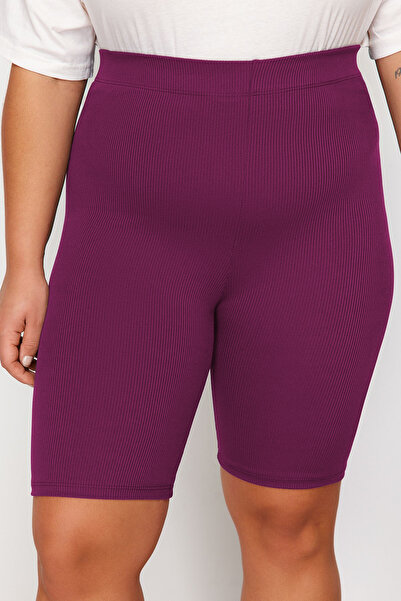 Trendyol Curve Ψηλόμεσο κολάν ποδηλάτου - καφέ/μπορντό, κοντό, πλεκτό με ραβδώσεις, συν μέγεθος 2 πακέτο TBBSS24BV00000