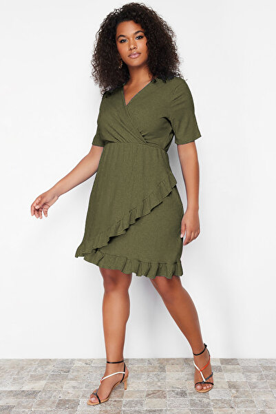 Trendyol Curve Khaki Double Breasted Flounce Knitted Dress Double Breasted Flounce Mini Knitted Dress Tbbss24Ah00037