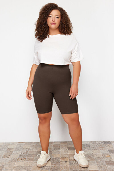 Trendyol Curve Ψηλόμεσο κολάν ποδηλάτου - καφέ/μπορντό, κοντό, πλεκτό με ραβδώσεις, συν μέγεθος 2 πακέτο TBBSS24BV00000