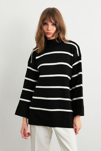 Cool & Sexy Pulover de damă cu dungi negru-ecru - YİL568