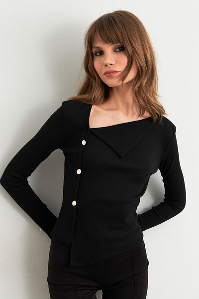 Cool & Sexy Γυναικεία μπλούζα με μαύρα κουμπιά σταυρωτό γιακά TF52