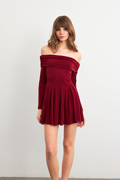 Cool & Sexy Kadın Bordo Madonna Yaka Midi Elbise MON1262