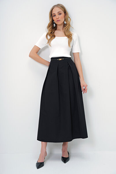 Trend Alaçatı Stili Women's Black Hidden Zip Pleated Waistband Maxi Length Skirt Alc-X13524
