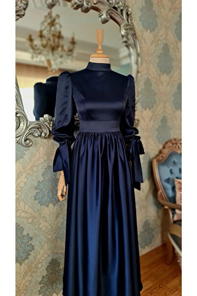 MODAMAKKO Satin bleumarin, mâneci cu șireturi, cu șnur în talie, promisiune, ...