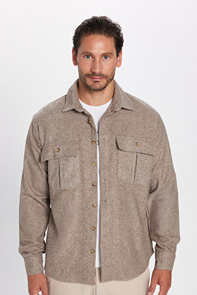 Tudors Men's Relax Fit Relax Cut Lumberjack Double Pocket Button Solid Stone Color Winter Shirt